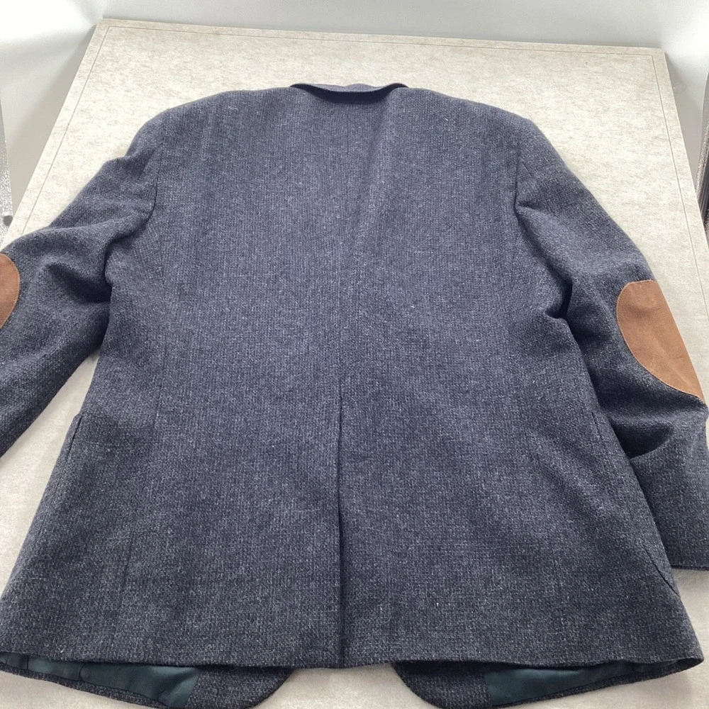 Vintage Tailored in USA Gray Blue Tweed Wool Sport Coat Suede Elbow Patches 46L